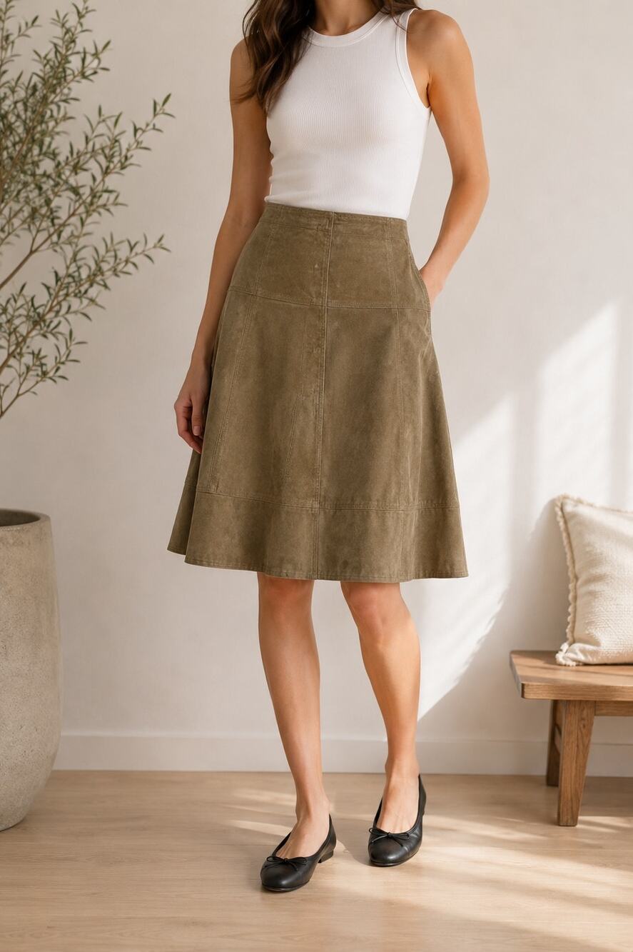 Joie Mylon Goat Leather A-Line Skirt Olive Taupe Size XS